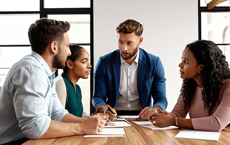 ** A self-guided coaching workshop scene, highlighting a diverse group of people collaborating and learning, focused on discovering goals and setting priorities. Emphasize a sense of empowerment and new perspectives.

**