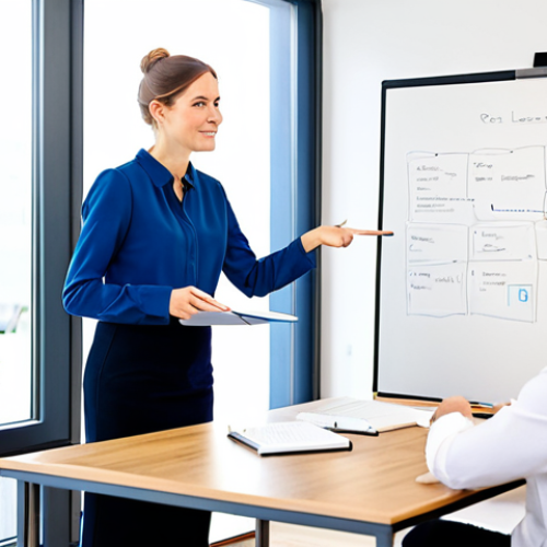 Home 6 A professional female life coach and a young adult male learner are seated at a modern, clean wooden table in a brightly lit, contemporary office space. The coach is gesturing towards a whiteboard with a clear, concise mind map, while the learner is looking intently at the board, holding a notebook. They are engaged in a constructive, supportive discussion. Both are fully clothed in professional, modest business attire. The office has minimalist decor, large windows with soft natural light, and a few potted plants. Professional photography, high resolution, soft lighting, sharp focus, natural colors, perfect anatomy, correct proportions, natural pose, well-formed hands, proper finger count, natural body proportions, safe for work, appropriate content, fully clothed, professional.