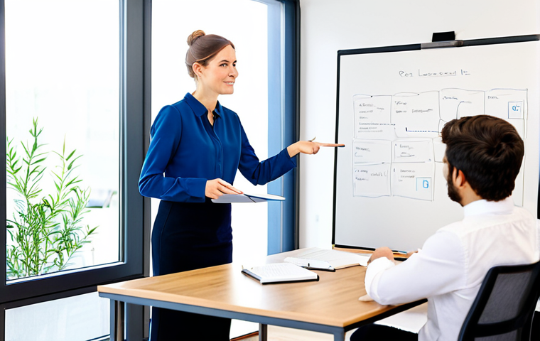 A professional female life coach and a young adult male learner are seated at a modern, clean wooden table in a brightly lit, contemporary office space. The coach is gesturing towards a whiteboard with a clear, concise mind map, while the learner is looking intently at the board, holding a notebook. They are engaged in a constructive, supportive discussion. Both are fully clothed in professional, modest business attire. The office has minimalist decor, large windows with soft natural light, and a few potted plants. Professional photography, high resolution, soft lighting, sharp focus, natural colors, perfect anatomy, correct proportions, natural pose, well-formed hands, proper finger count, natural body proportions, safe for work, appropriate content, fully clothed, professional.