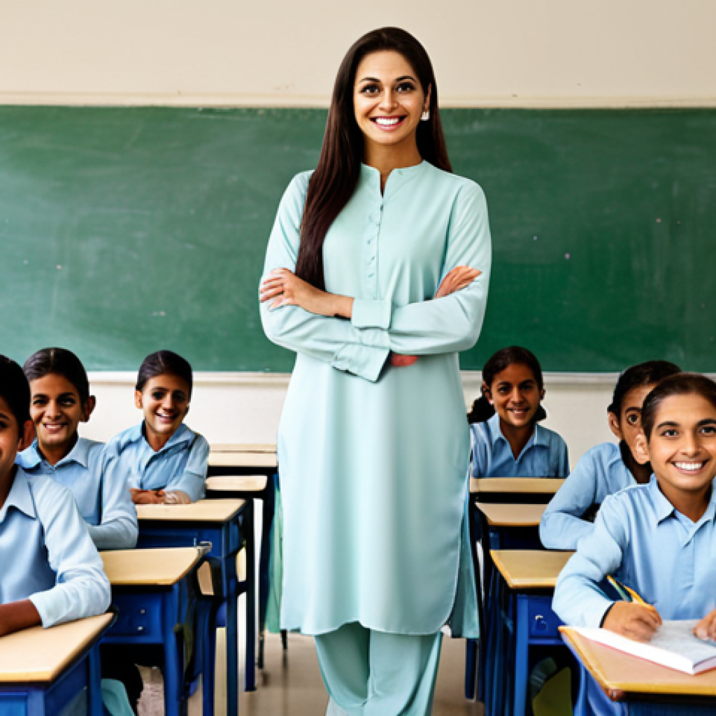 **A female teacher in a modest shalwar kameez, smiling warmly at a group of diverse students in a brightly lit classroom, fully clothed, appropriate attire, safe for work, perfect anatomy, natural proportions, family-friendly, high quality.**