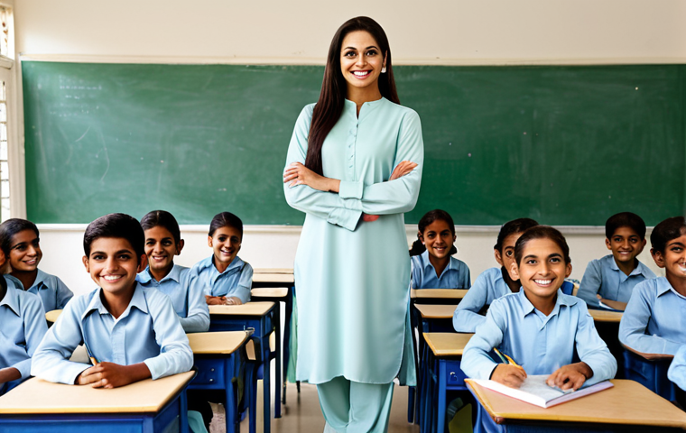 **A female teacher in a modest shalwar kameez, smiling warmly at a group of diverse students in a brightly lit classroom, fully clothed, appropriate attire, safe for work, perfect anatomy, natural proportions, family-friendly, high quality.**